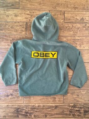 Vtg Obey Hoodie Green Gold Spellout Embroidered Patch Small Y2K Grunge